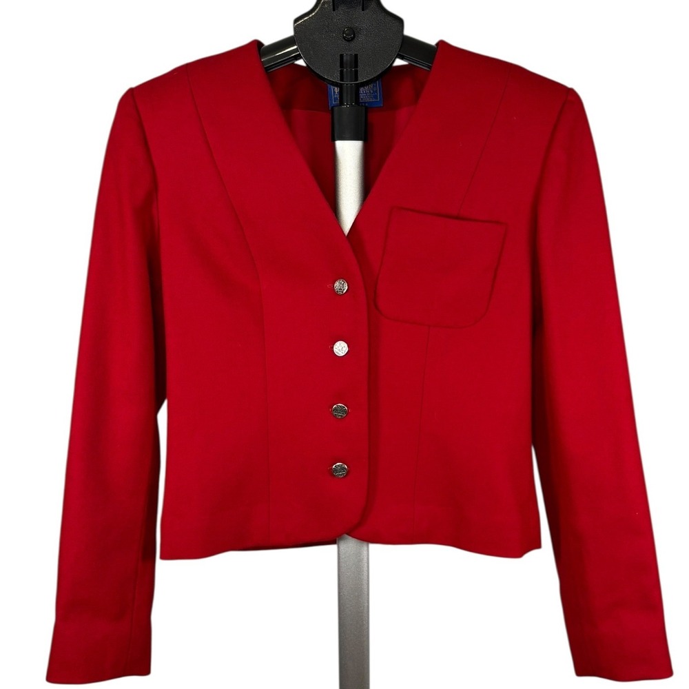 Handmade Pendleton Womens Red Virgin Wool Cropped Blazer Crest Button Jacket SM